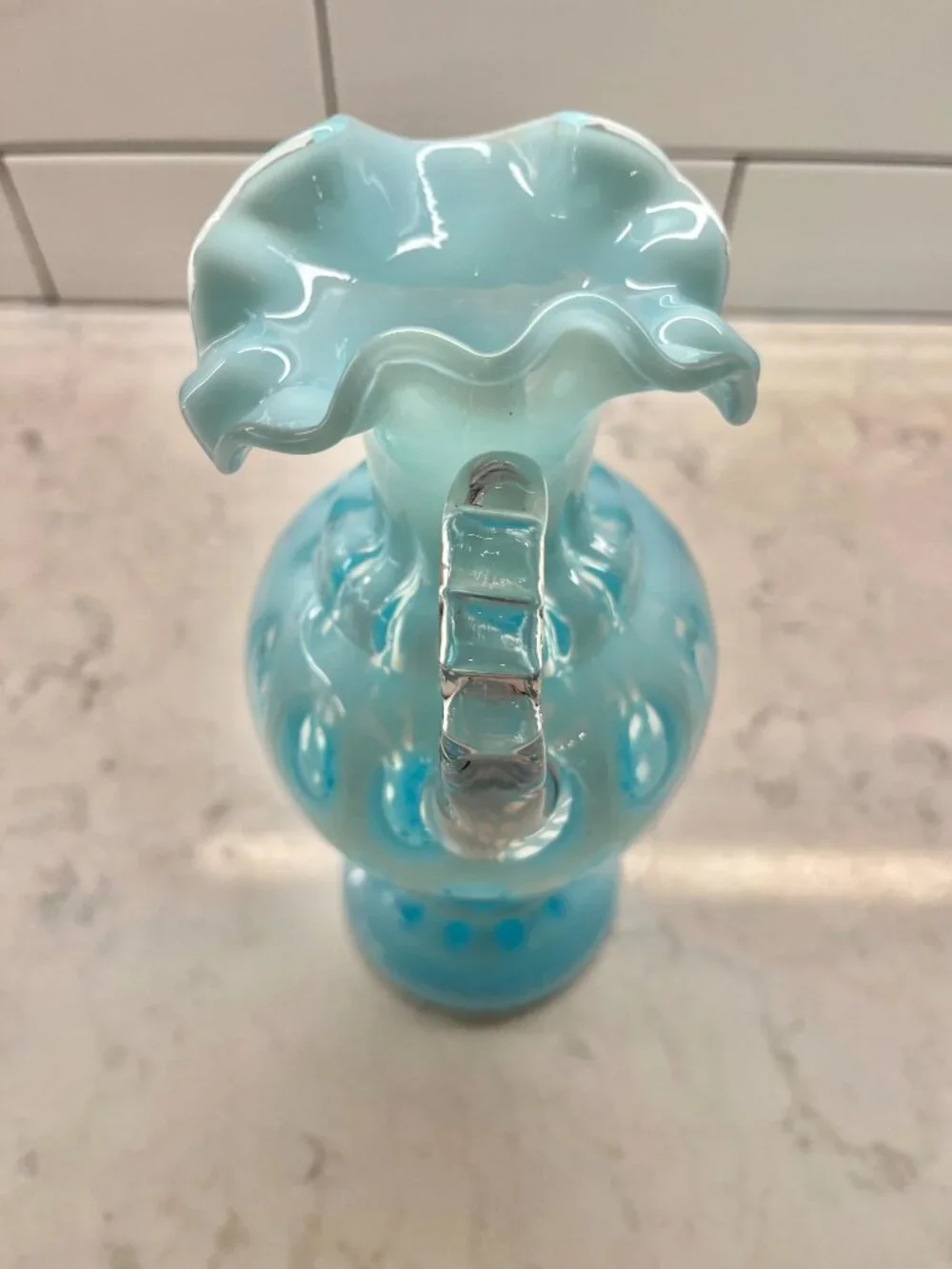 Vintage Fenton Art Glass Pitcher/Ewer in the Coin Dot Blue Opalescent Pattern
